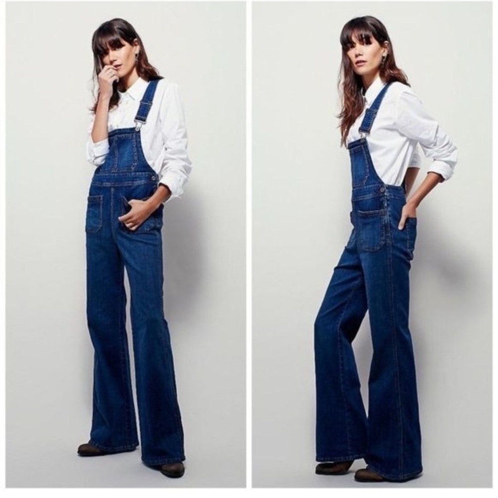Free People Dark Blue Denim Wide-Leg Overalls Jumpsuit